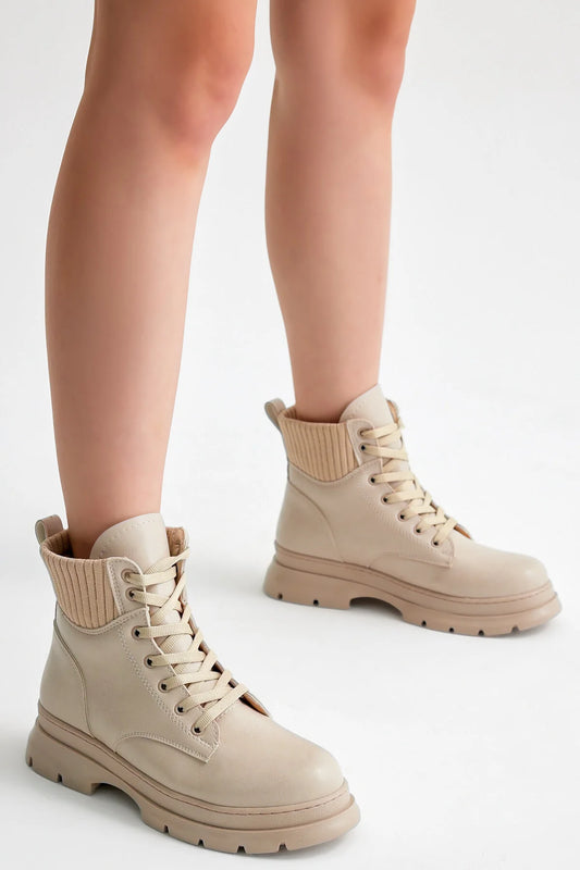 Beige Leather Comfortable Lace-Up Women's Boots