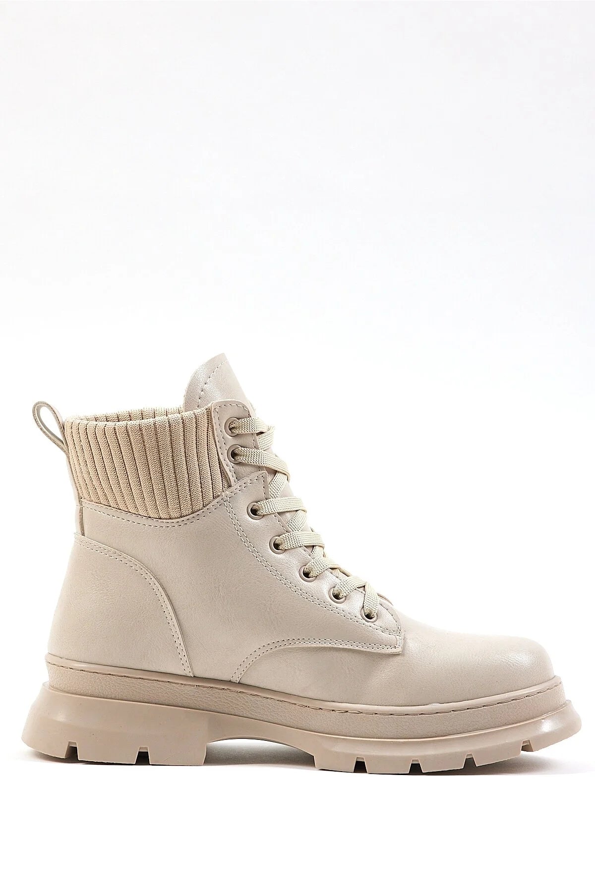 Beige Leather Comfortable Lace-Up Women's Boots