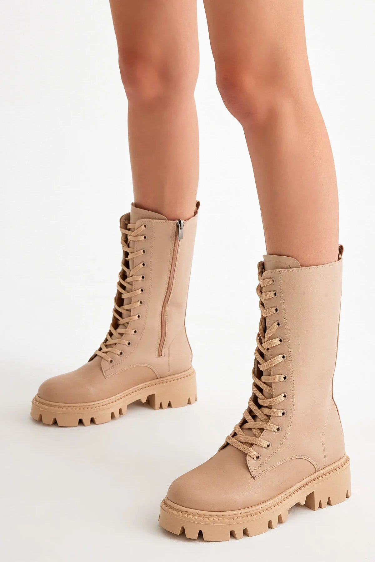 Women's Nude Leather Comfort Lace Up Sock Boots