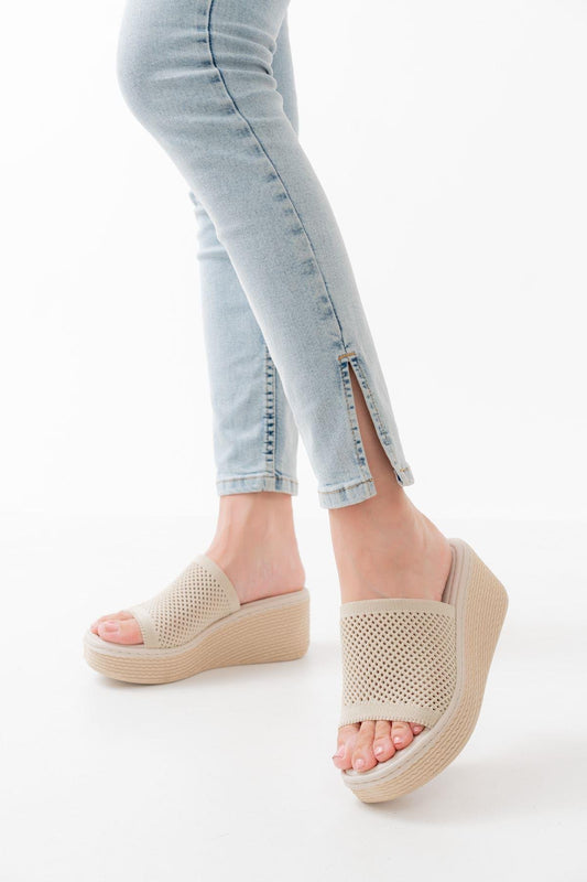 Beige Knitwear Daily Orthopedic Wedge Heel Women's Slippers