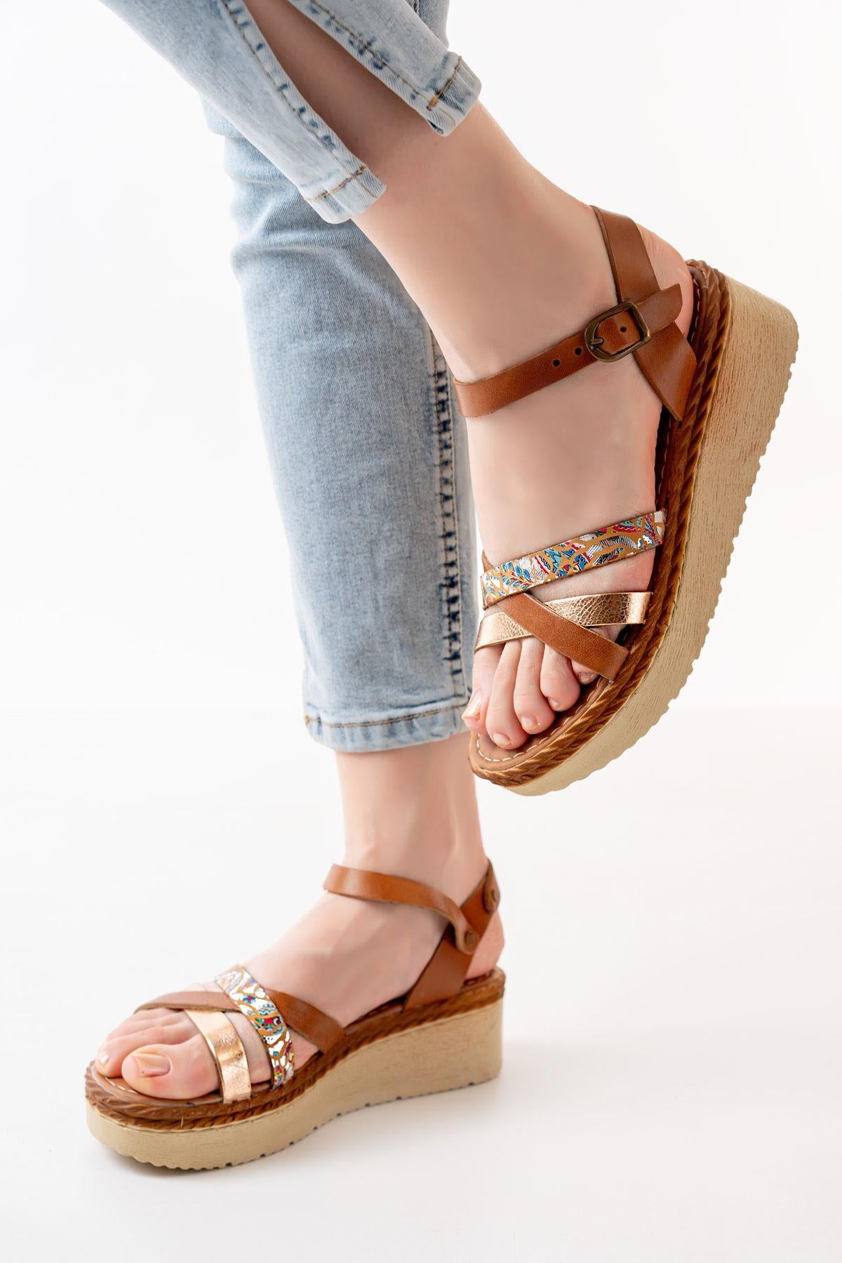 Tan Multi Orthopedic Genuine Leather Padding Women's Sandals