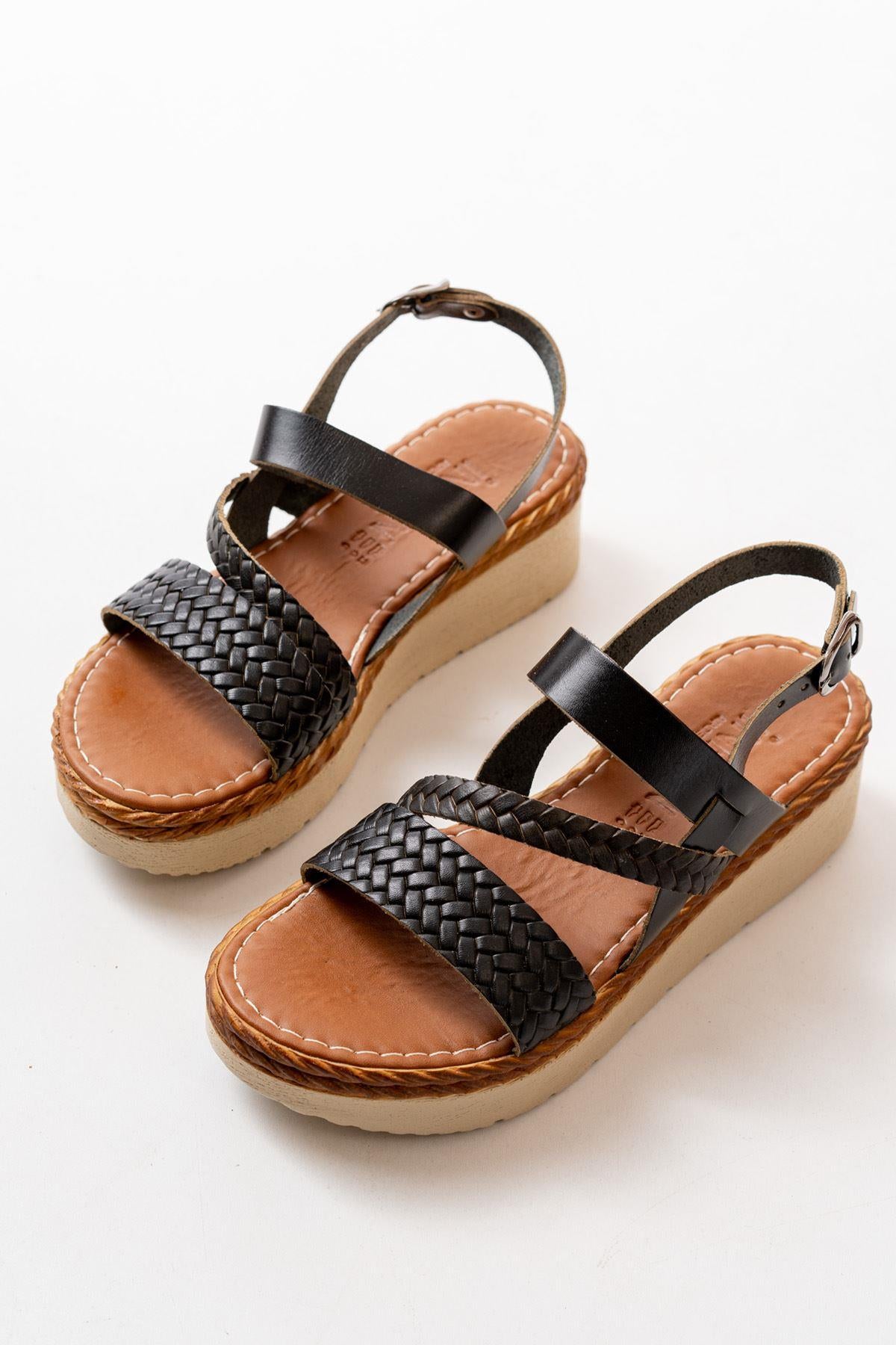 Black Orthopedic Genuine Leather Padding Women's Sandals