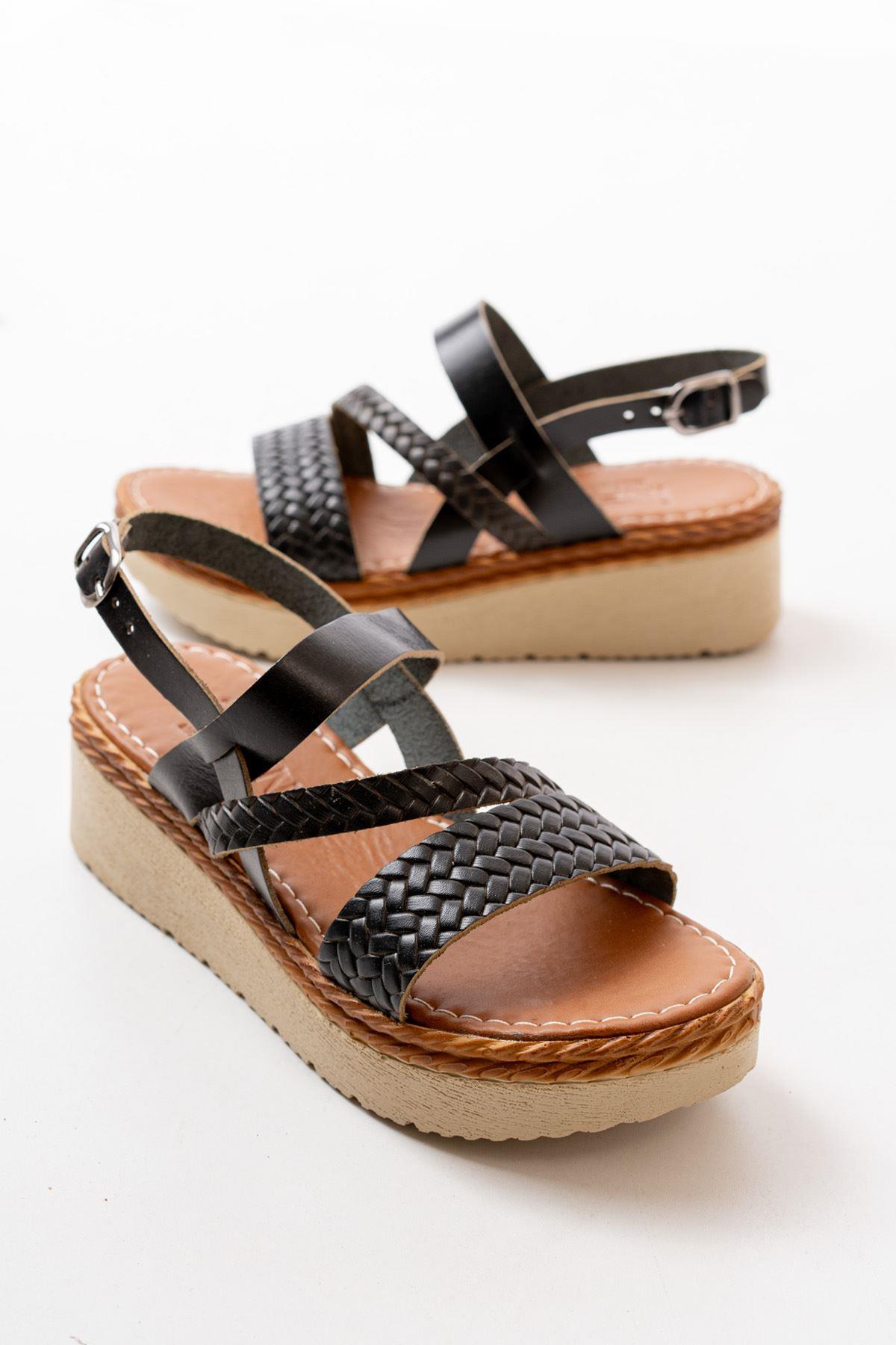 Black Orthopedic Genuine Leather Padding Women's Sandals