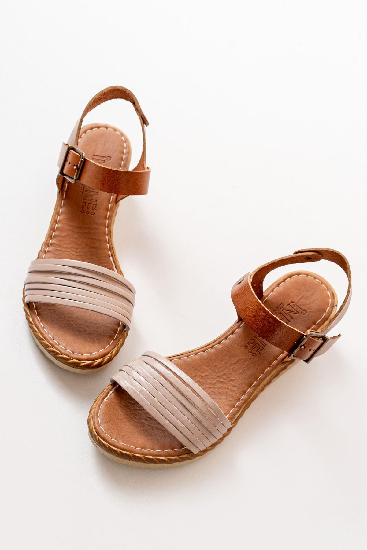 Beige Orthopedic Genuine Leather Wedge Women's Sandals