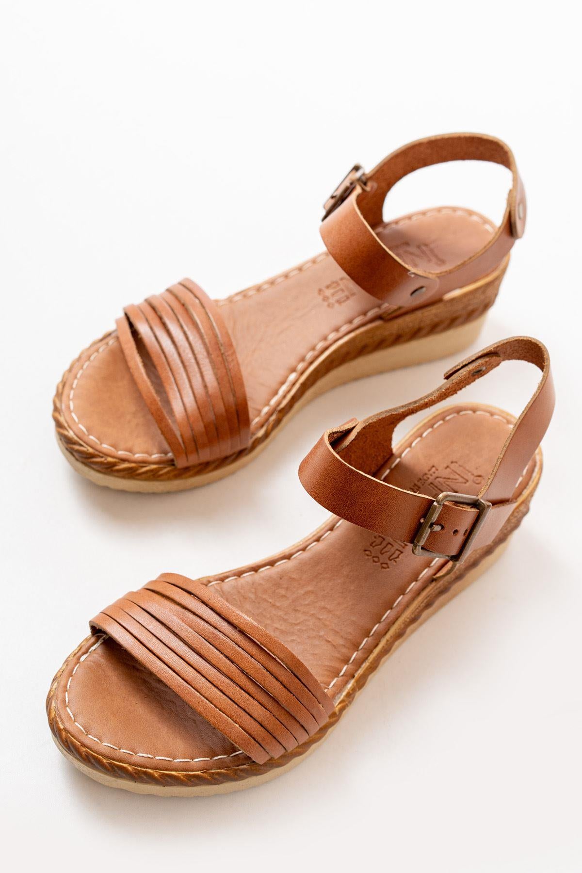 Tan Orthopedic Genuine Leather Wedge Women's Sandals