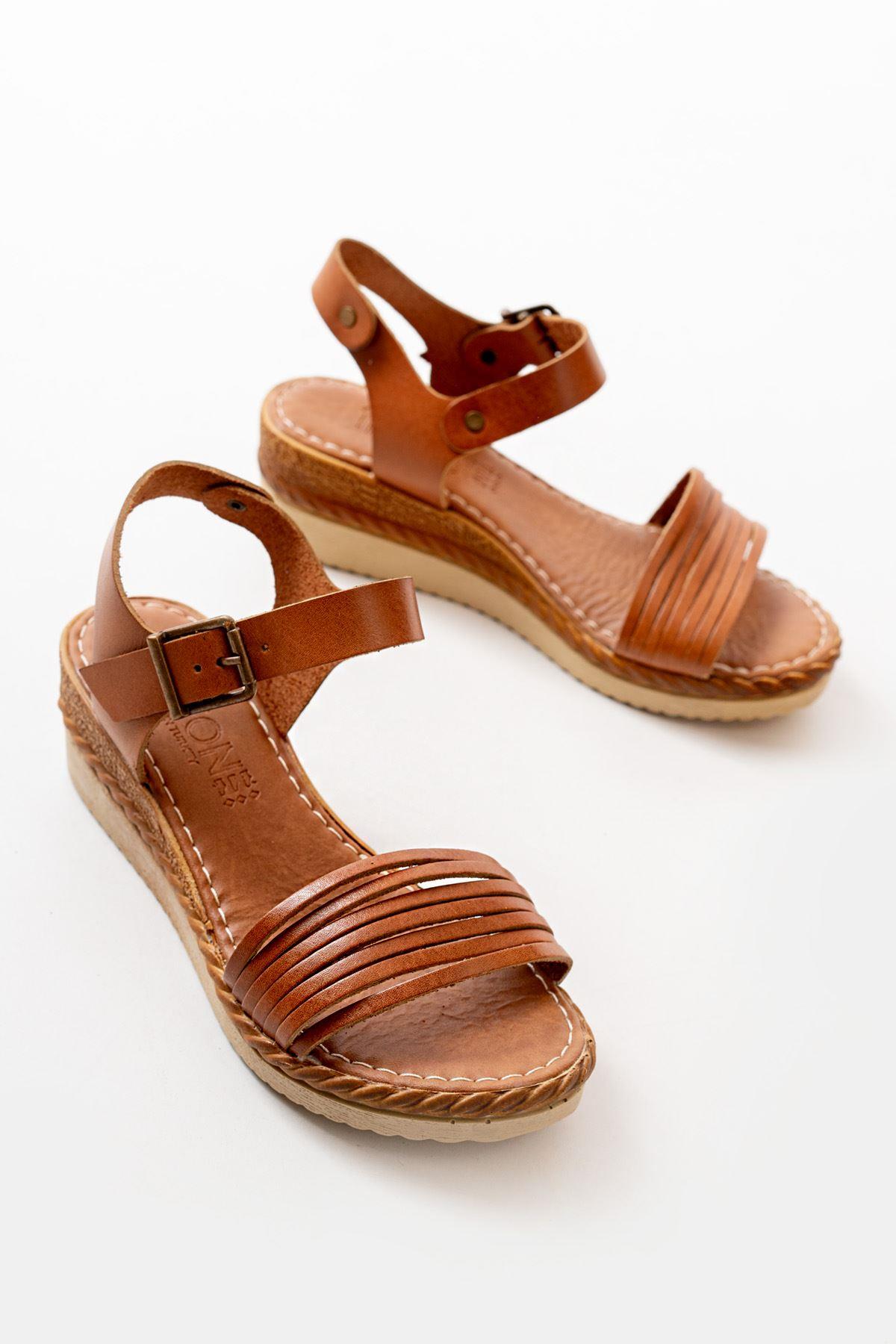 Tan Orthopedic Genuine Leather Wedge Women's Sandals