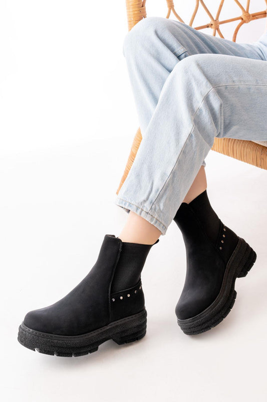 Black Suede Flat Heeled Elastic Daily Women's Boots