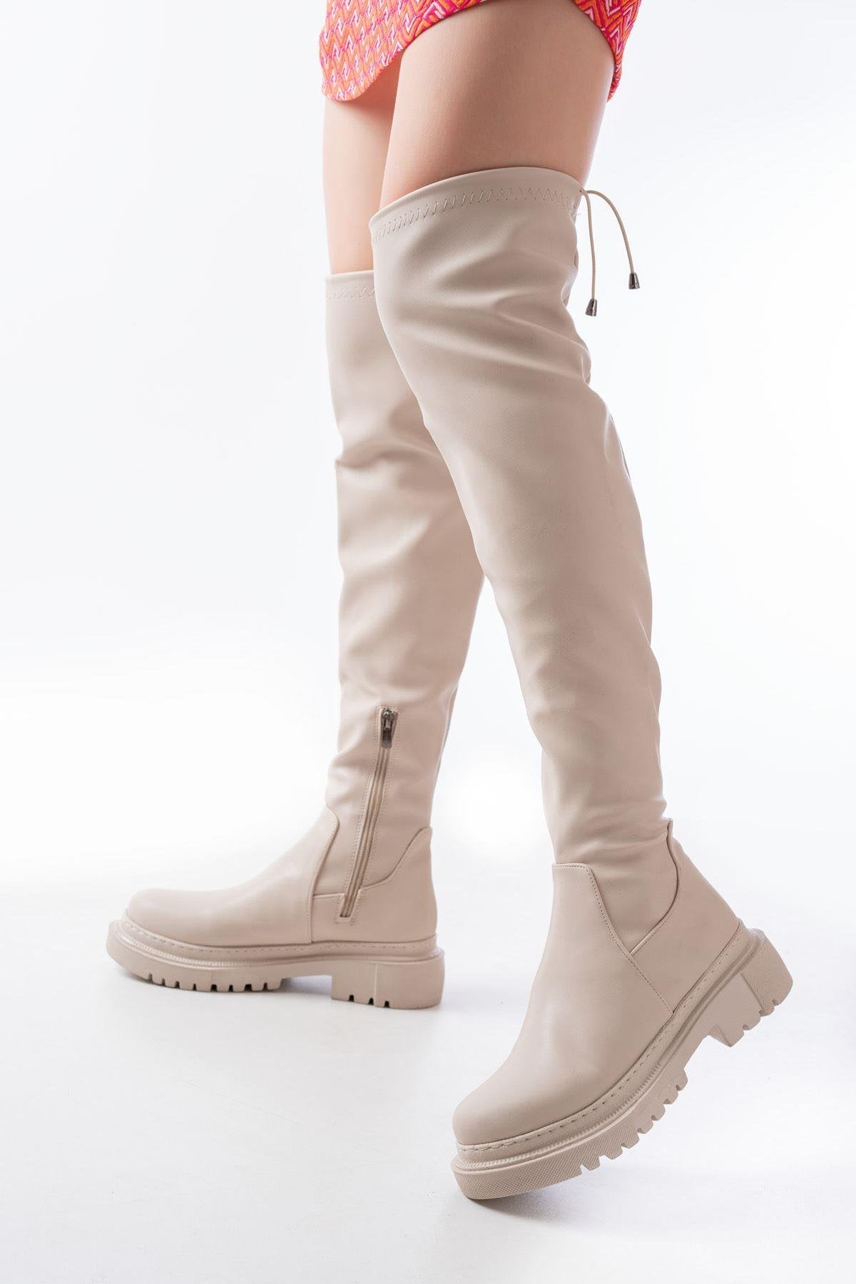 Beige Zippered Knee High Lace Up Socks Casual Women's Boots