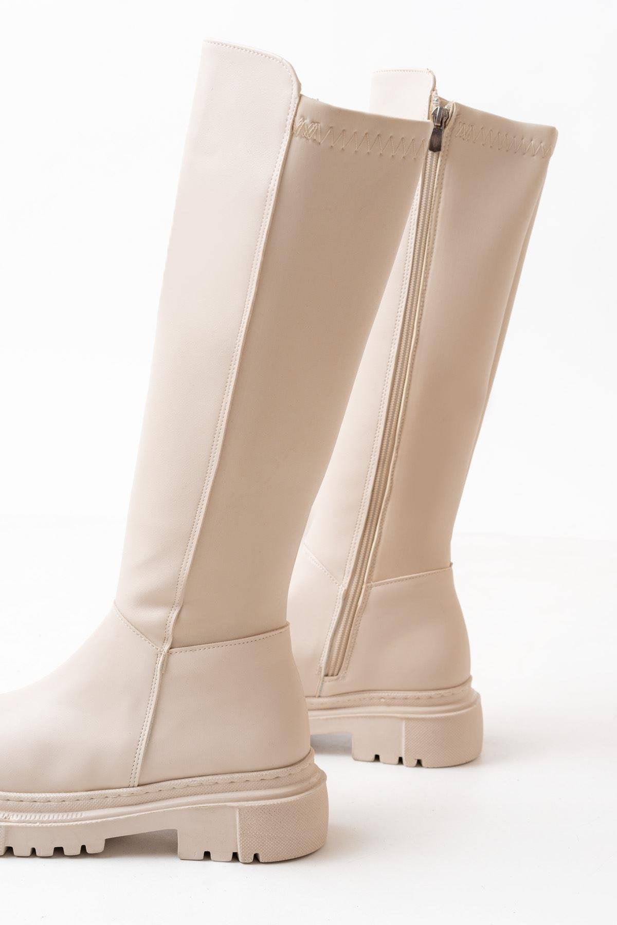 Beige Back Stretch Zipper Casual Women's Boots