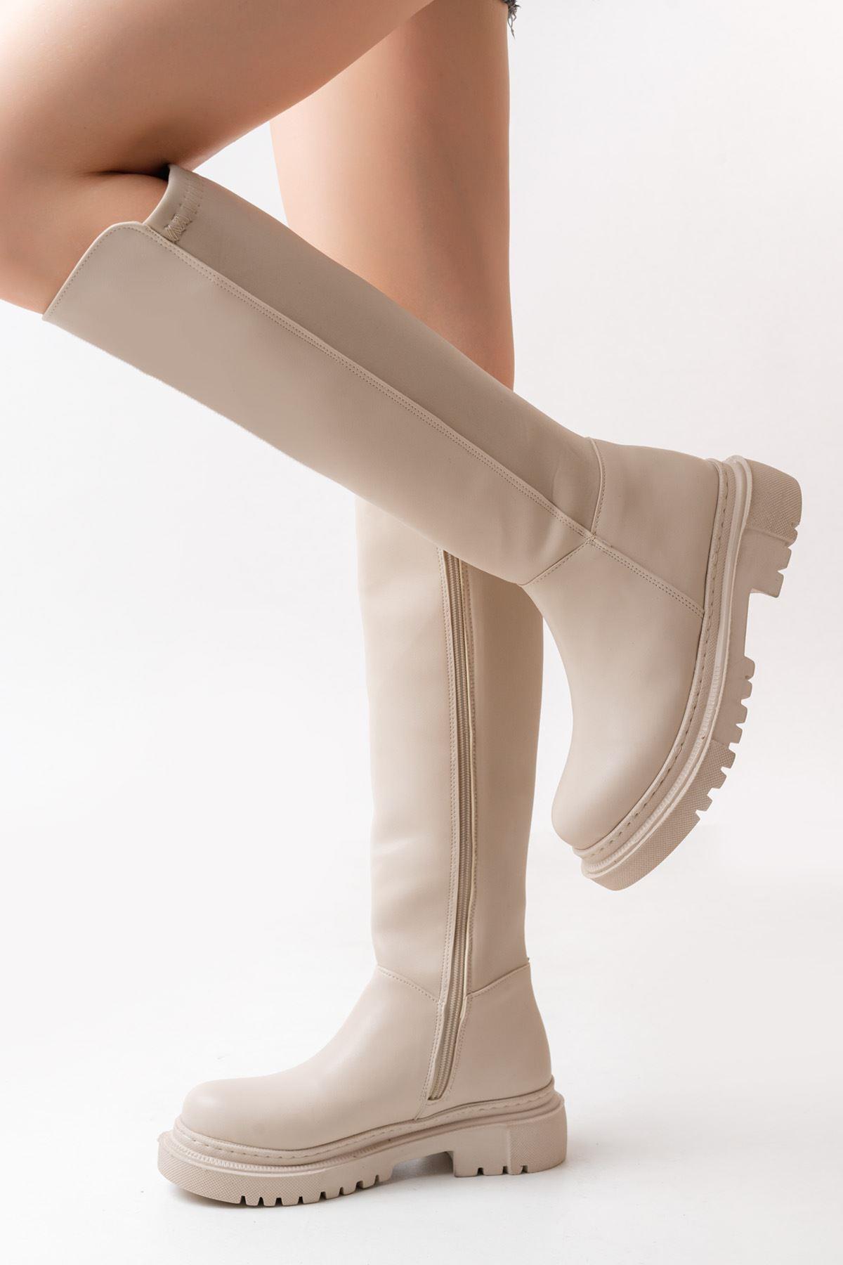 Beige Back Stretch Zipper Casual Women's Boots