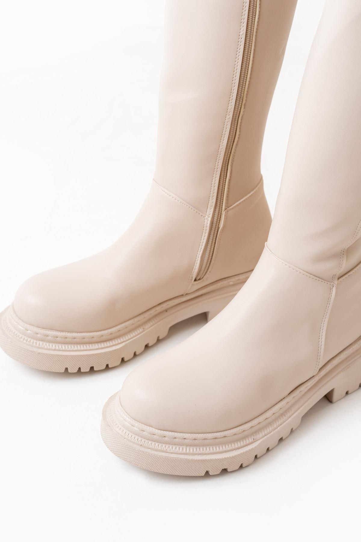 Beige Back Stretch Zipper Casual Women's Boots