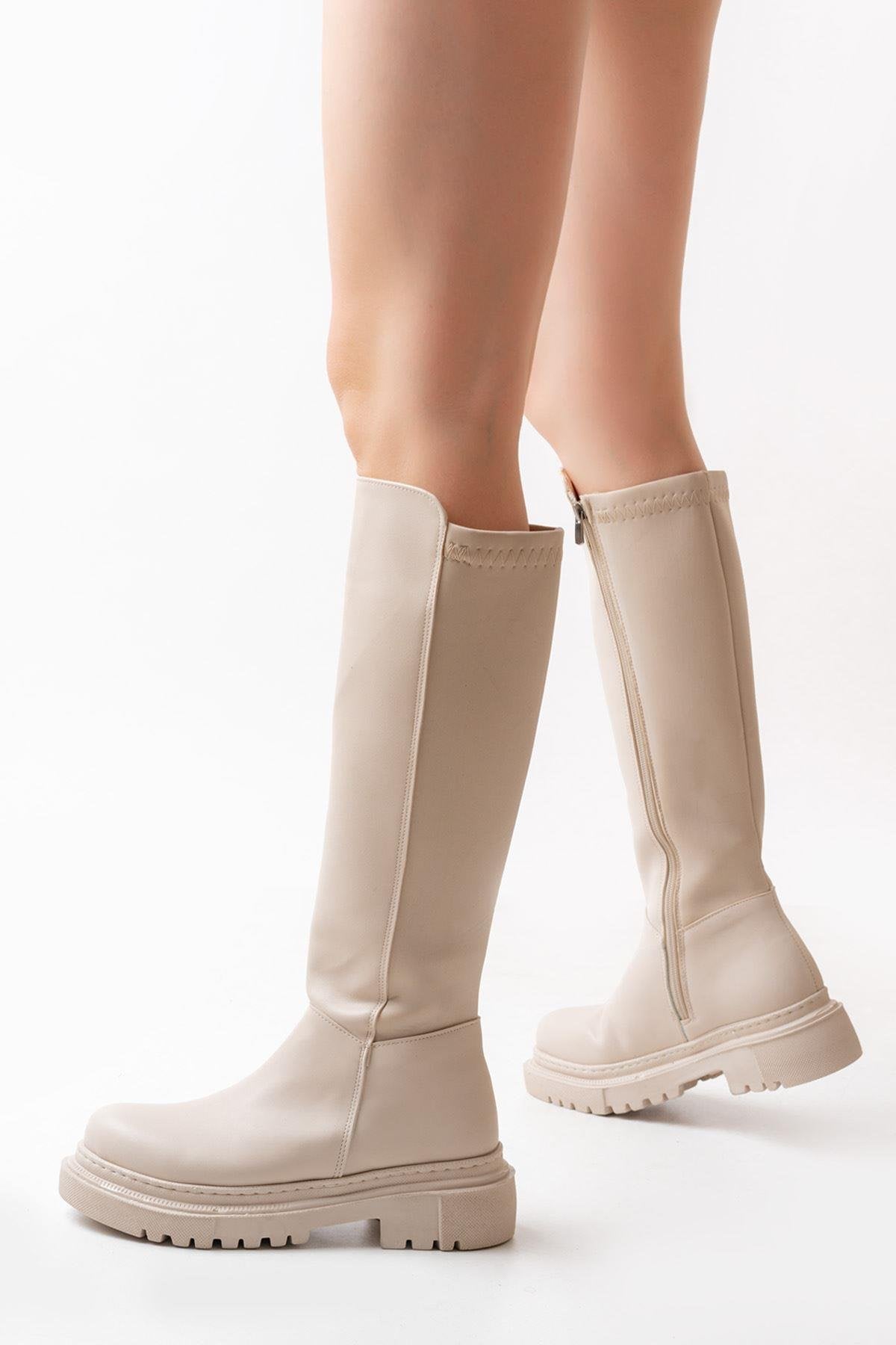 Beige Back Stretch Zipper Casual Women's Boots