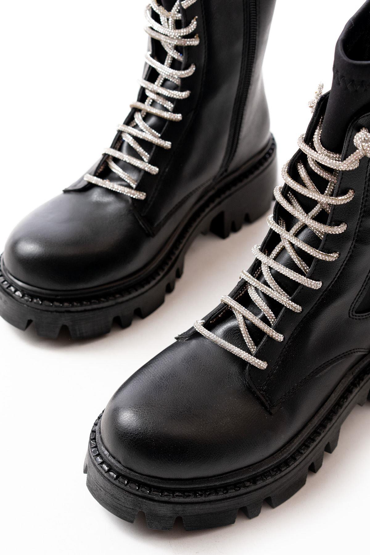 Black Flat Heeled Lace Up Zippered Daily Women's Boots