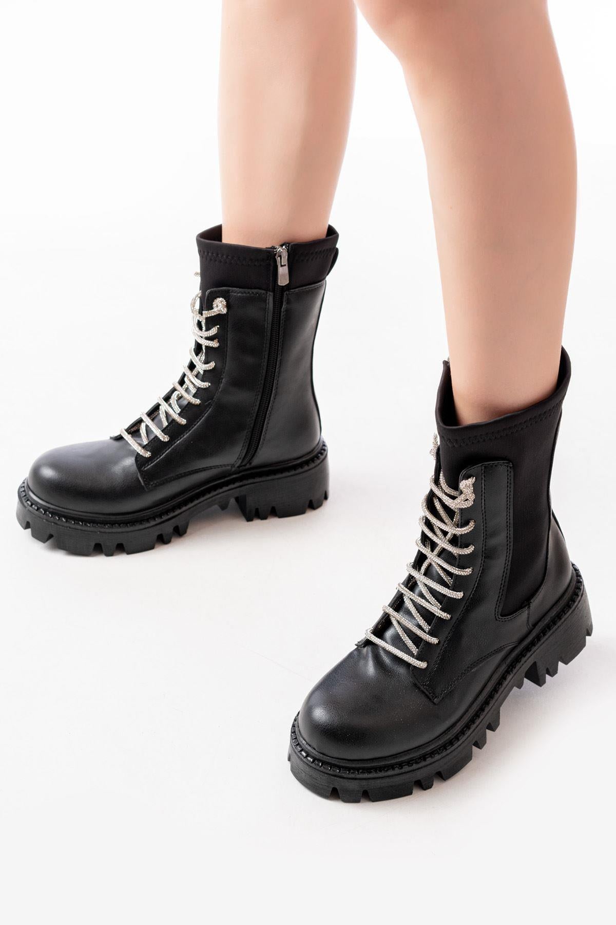 Black Flat Heeled Lace Up Zippered Daily Women's Boots