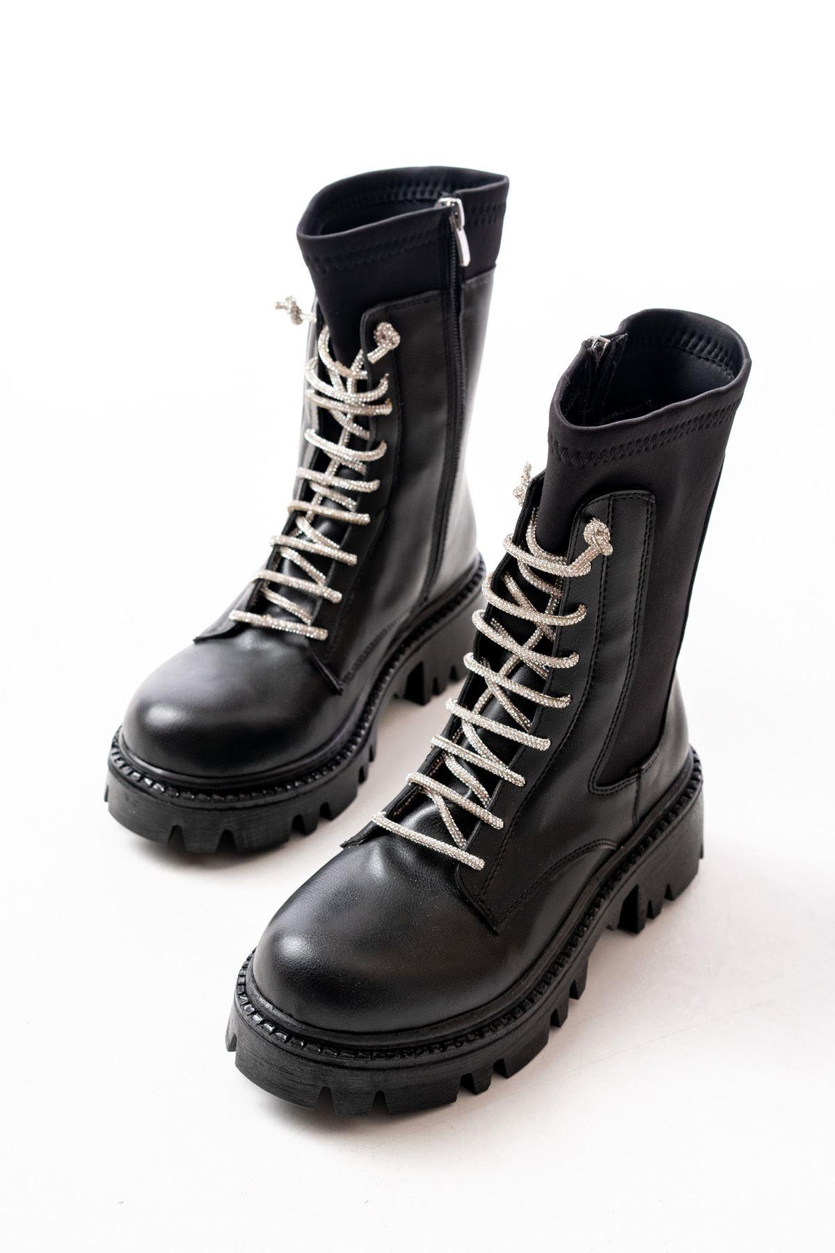 Black Flat Heeled Lace Up Zippered Daily Women's Boots