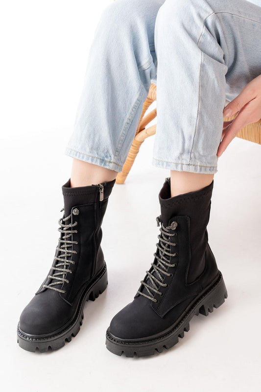 Black Emerald Flat Heeled Lace Up Zippered Daily Women's Boots