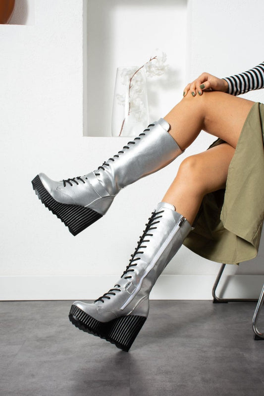Women's Grey Wedge Heeled Leather Boots