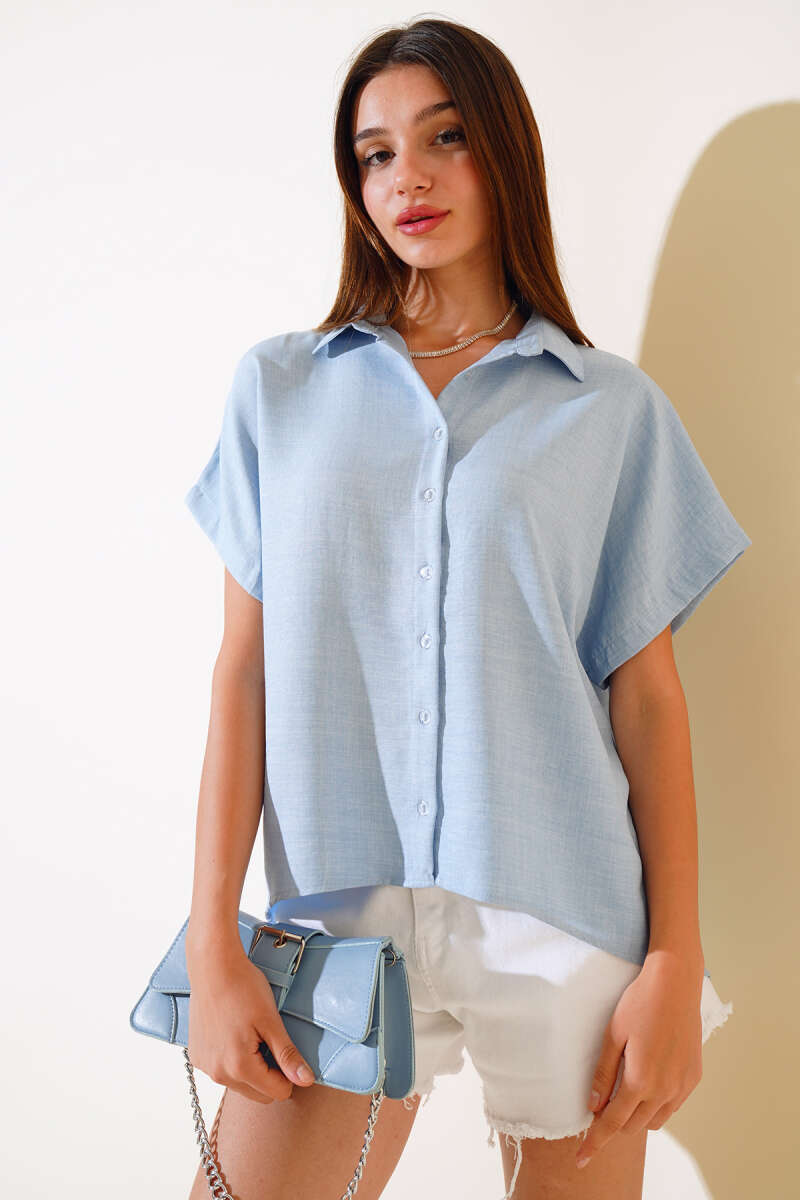 Back Lace Poor Sleeve Shirt - Blue