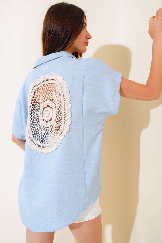 Back Lace Poor Sleeve Shirt - Blue