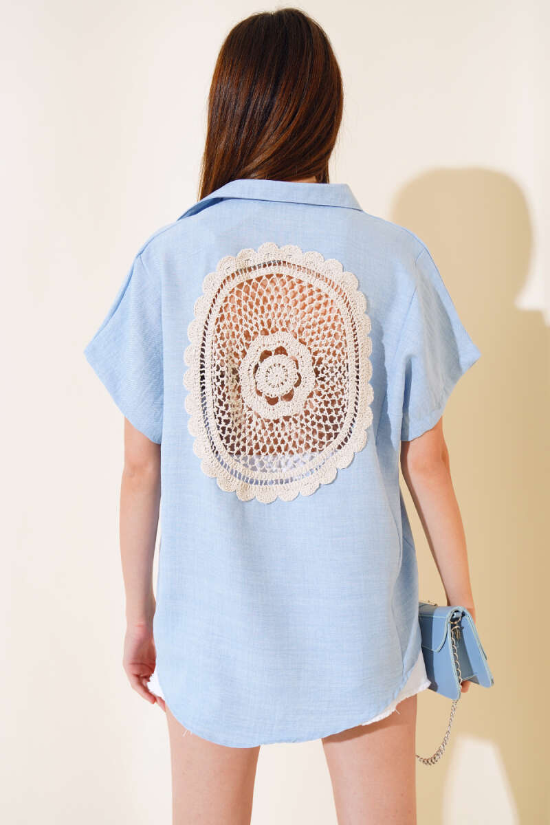 Back Lace Poor Sleeve Shirt - Blue