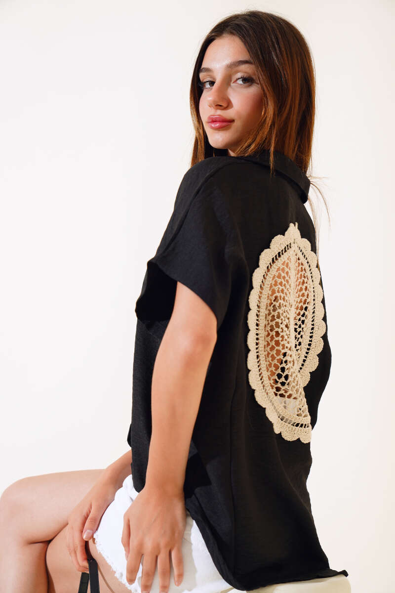 Back Lace Poor Sleeve Shirt - Black