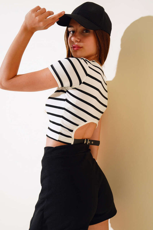 Belted Back Striped Crop - Ecru