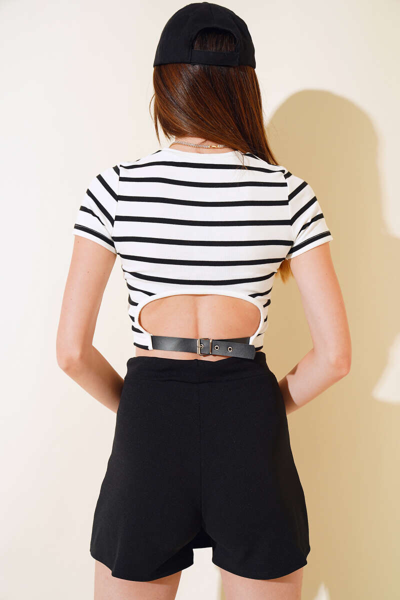 Belted Back Striped Crop - Ecru