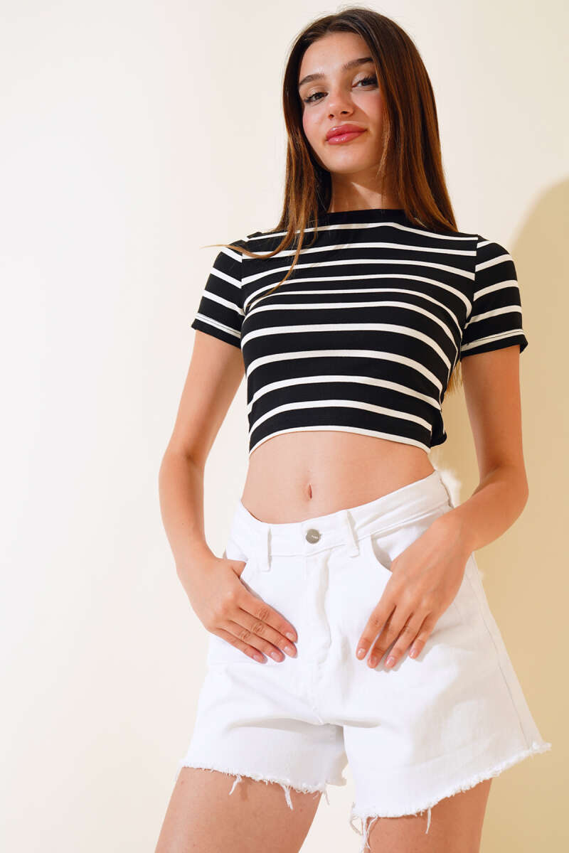 Belted Back Striped Crop - Black