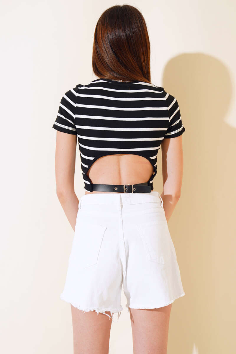 Belted Back Striped Crop - Black