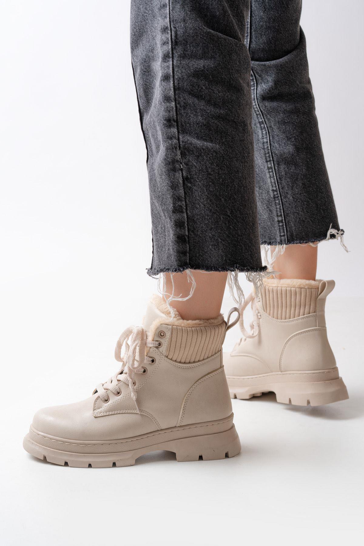 Beige Lace-up Daily Women's Boots