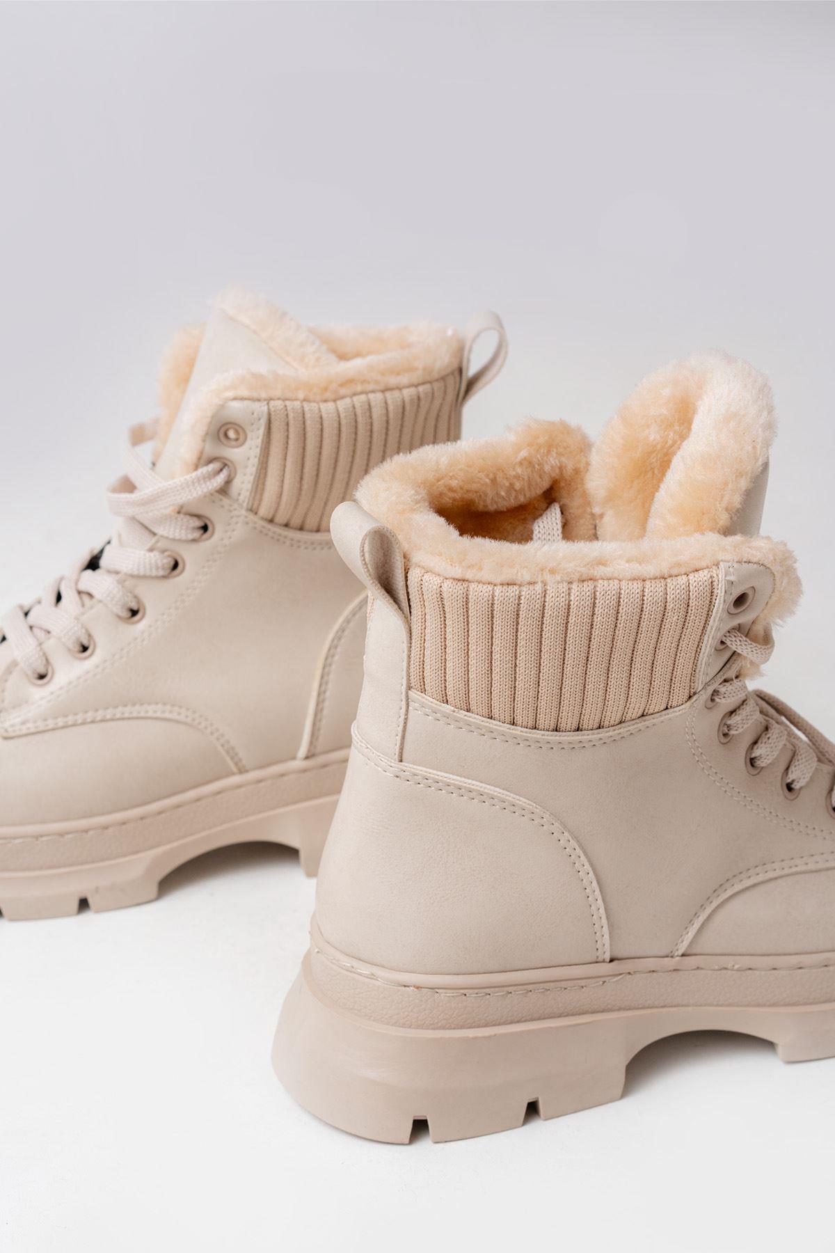 Beige Lace-up Daily Women's Boots