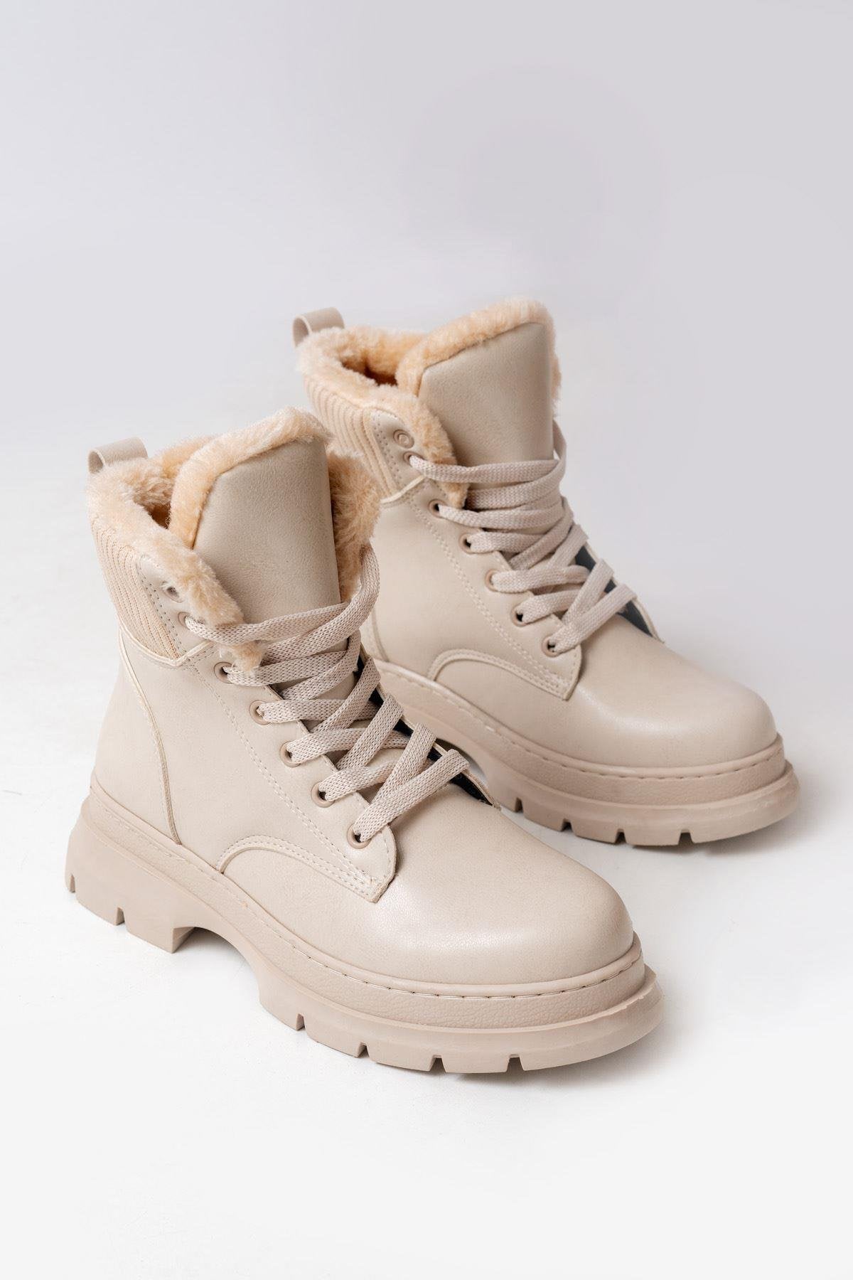 Beige Lace-up Daily Women's Boots