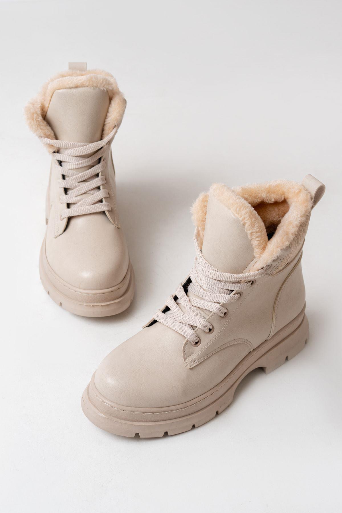 Beige Lace-up Daily Women's Boots