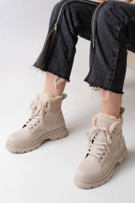 Beige Lace-up Daily Women's Boots