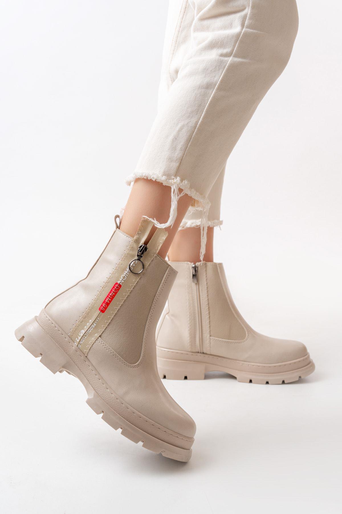 Beige Fashion Accessory Zippered Daily Women's Boots