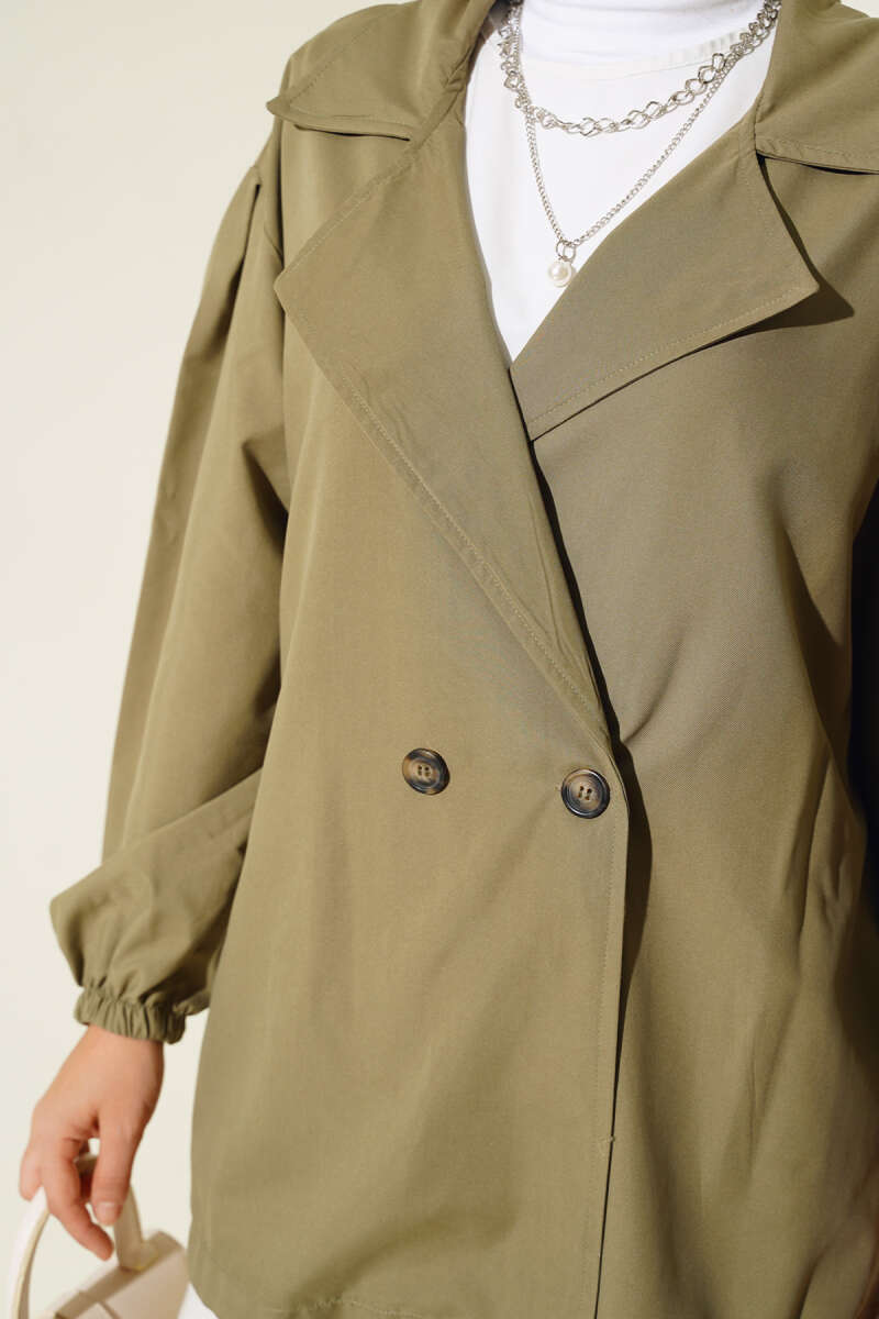 Balloon Sleeve Short Trench Coat Khaki