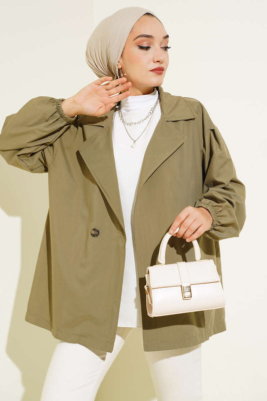 Balloon Sleeve Short Trench Coat Khaki