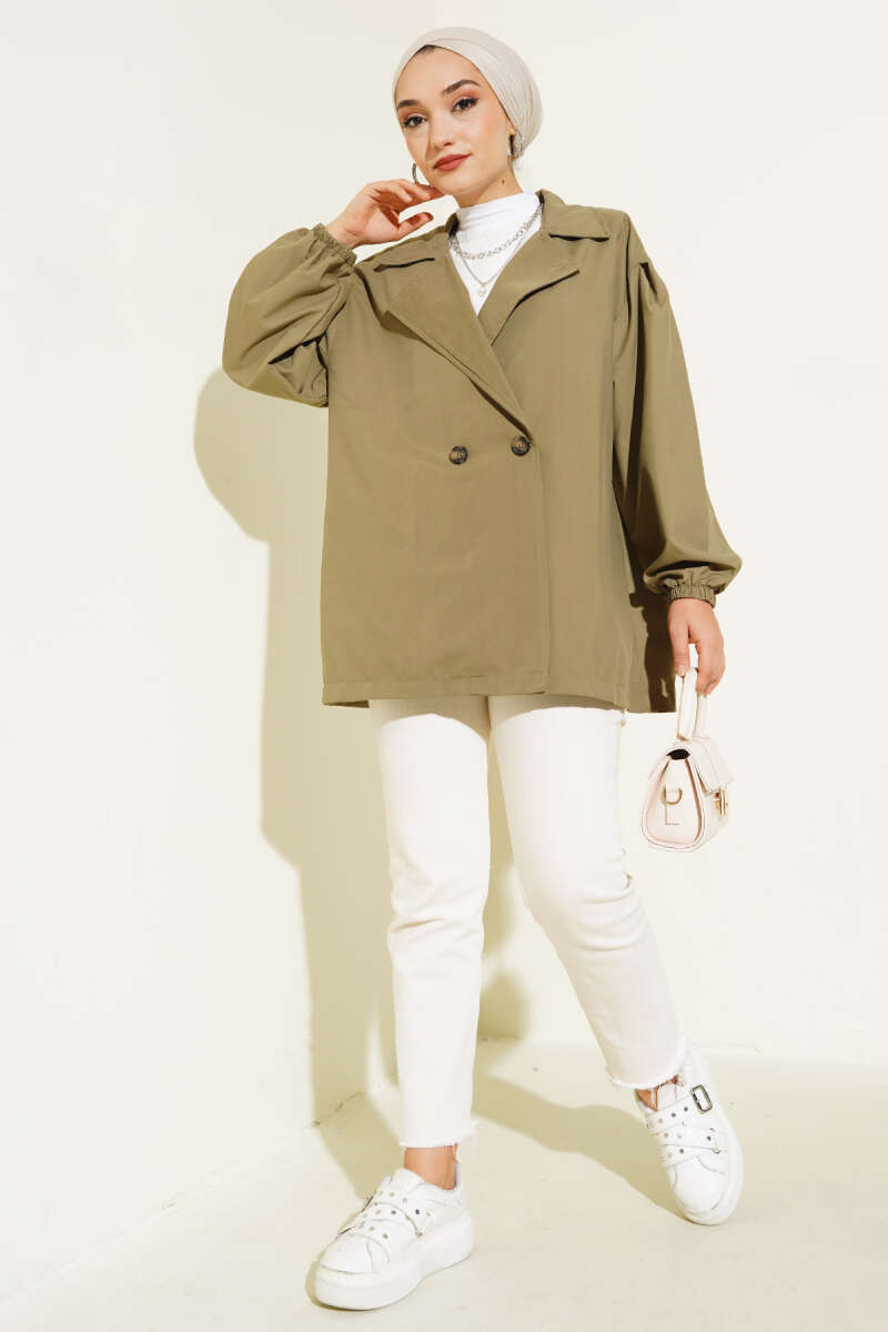 Balloon Sleeve Short Trench Coat Khaki