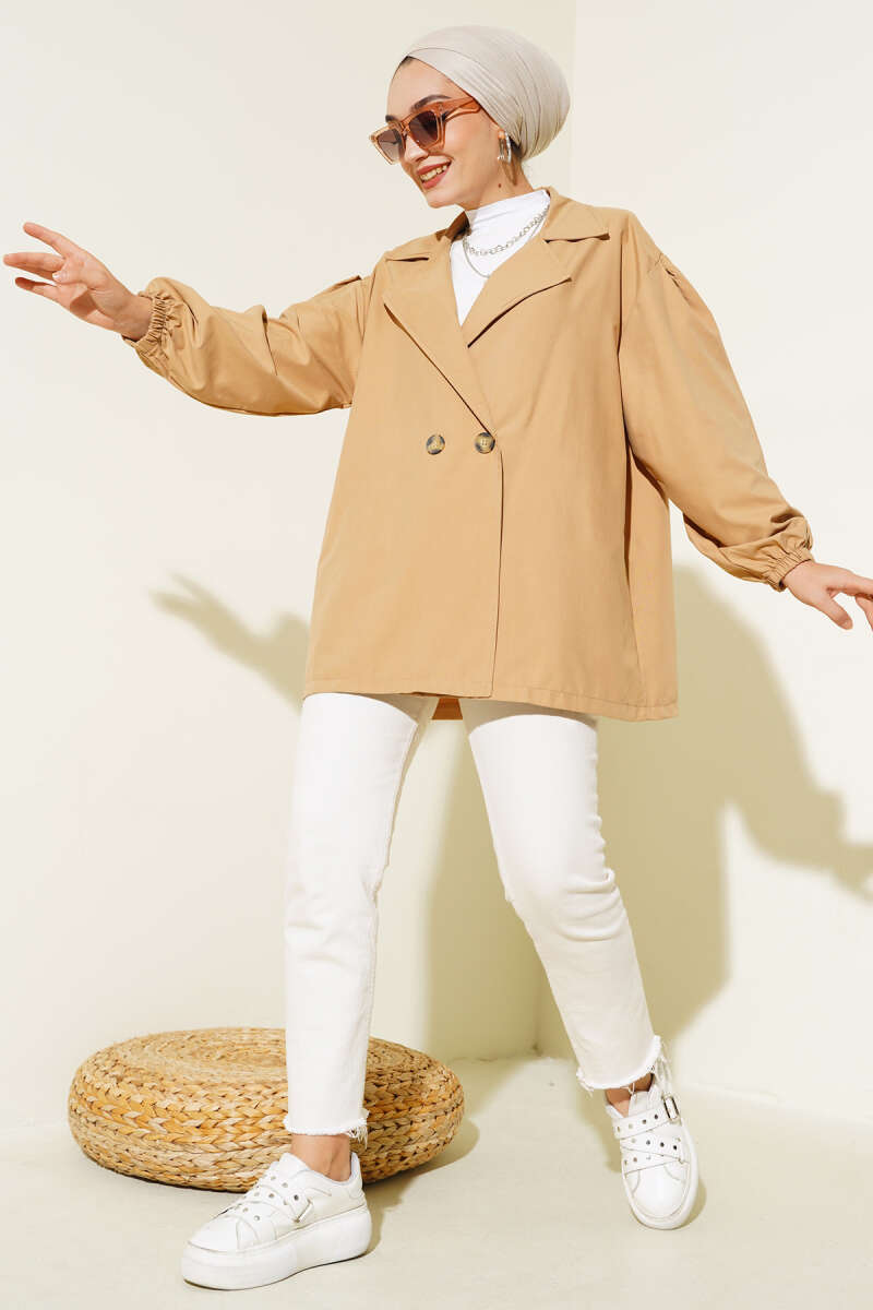 Balloon Sleeve Short Trench Coat Latte