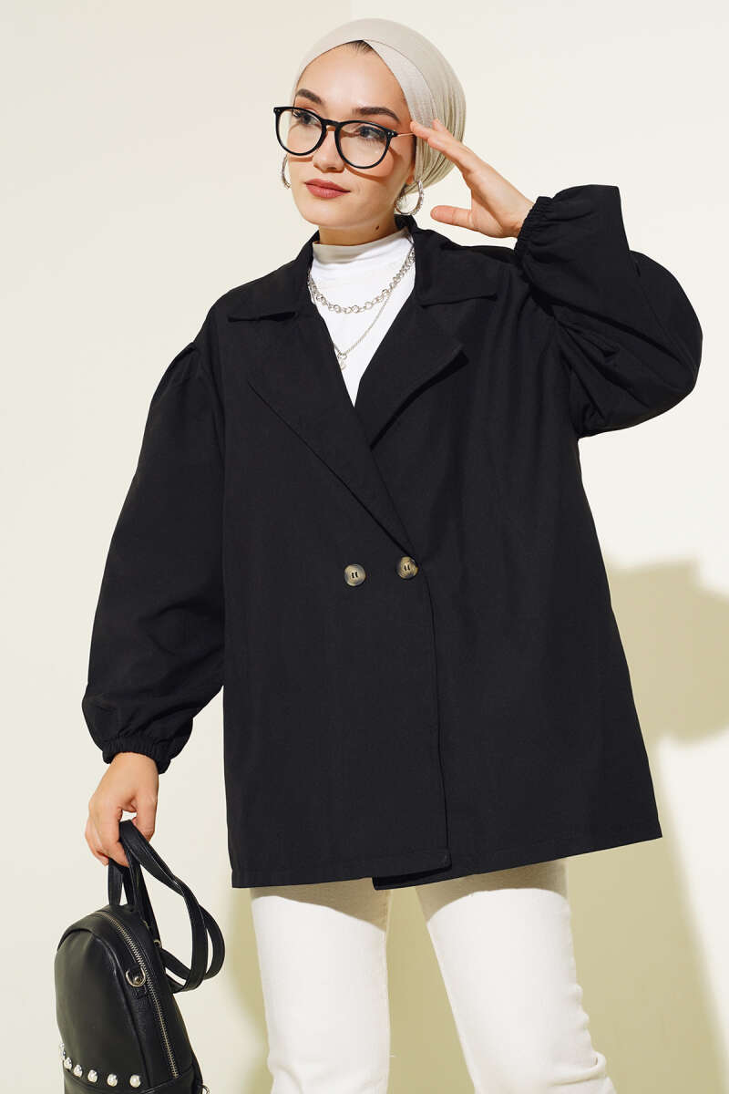 Balloon Sleeve Short Trench Coat Black