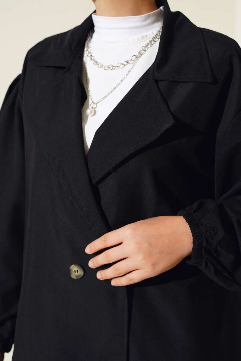 Balloon Sleeve Short Trench Coat Black