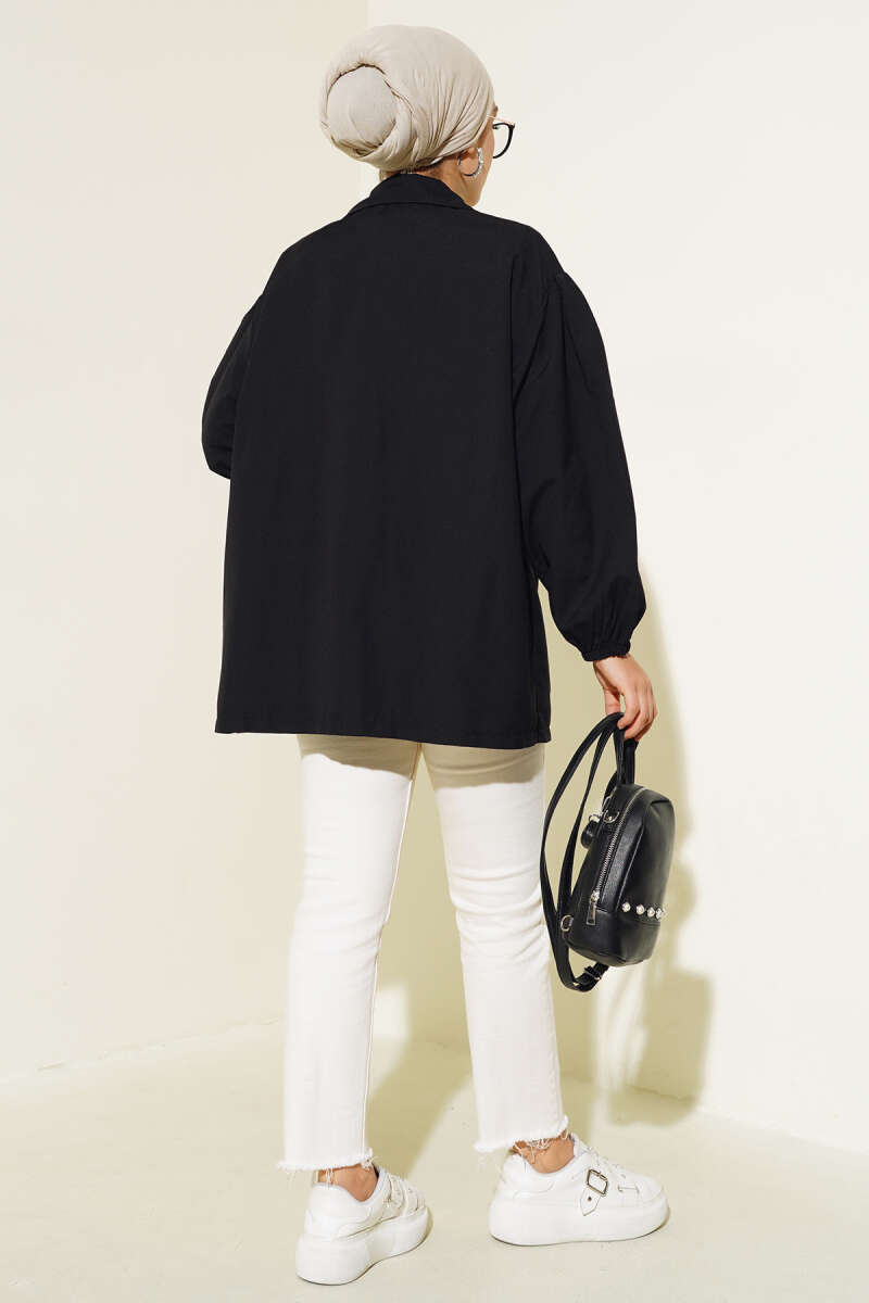 Balloon Sleeve Short Trench Coat Black