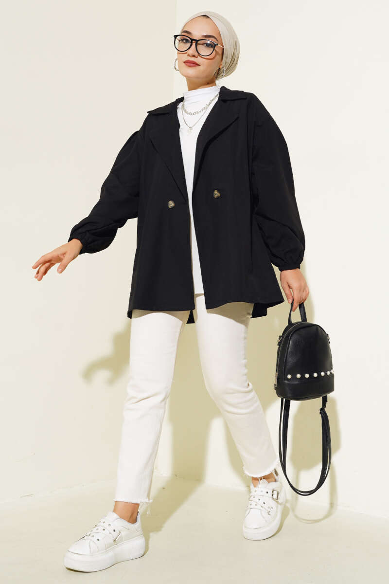 Balloon Sleeve Short Trench Coat Black