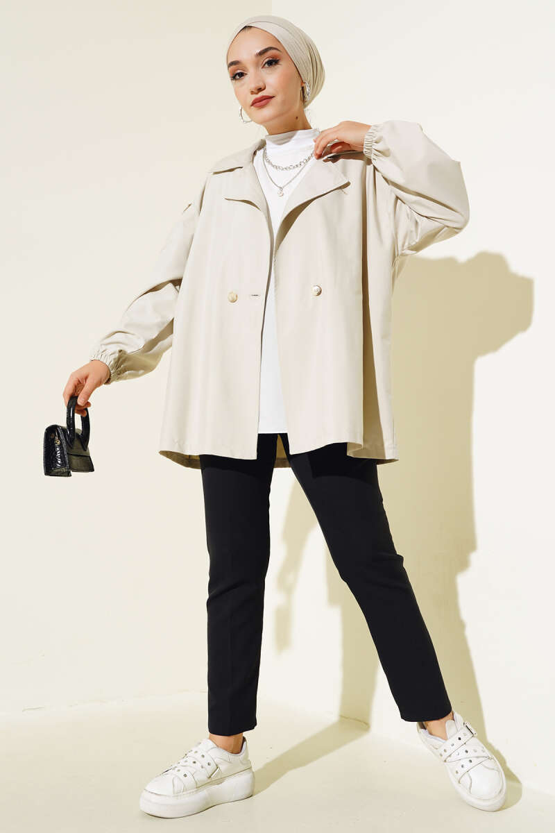 Balloon Sleeve Short Trench Coat Stone