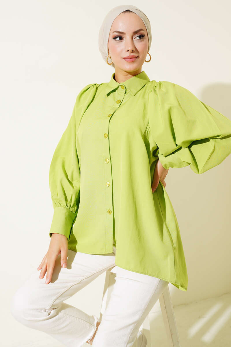 Balloon Sleeve Casual Shirt - Pistachio Green