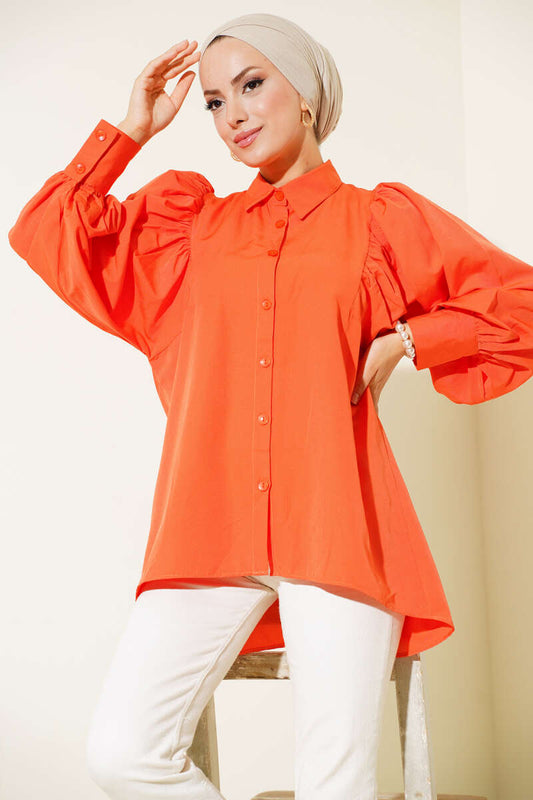 Balloon Sleeve Casual Shirt - Orange