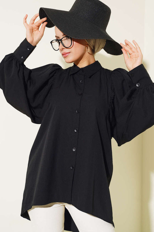 Balloon Sleeve Casual Shirt - Black