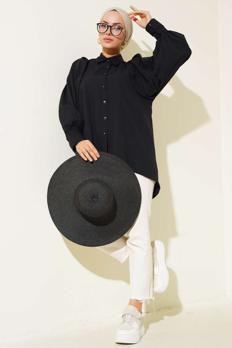 Balloon Sleeve Casual Shirt - Black