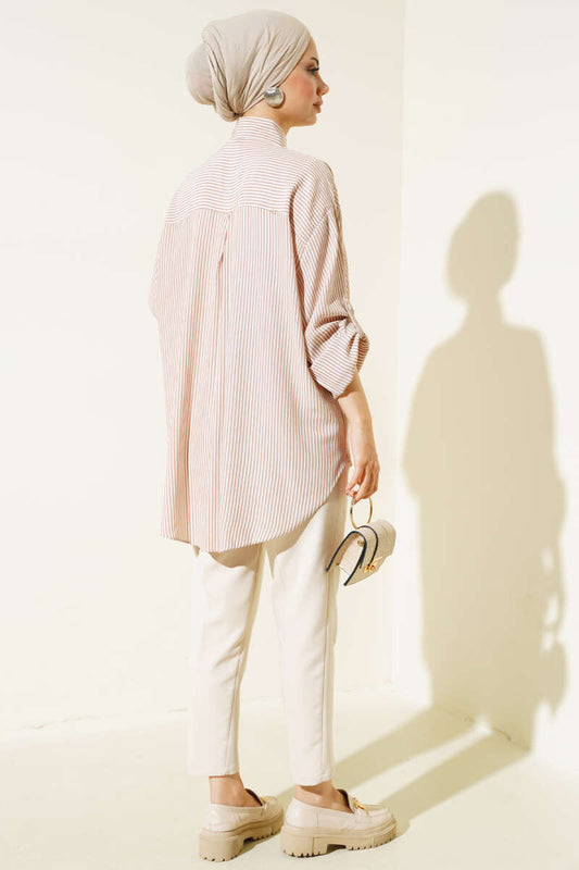 Basic Striped Oversize Shirt - Beige