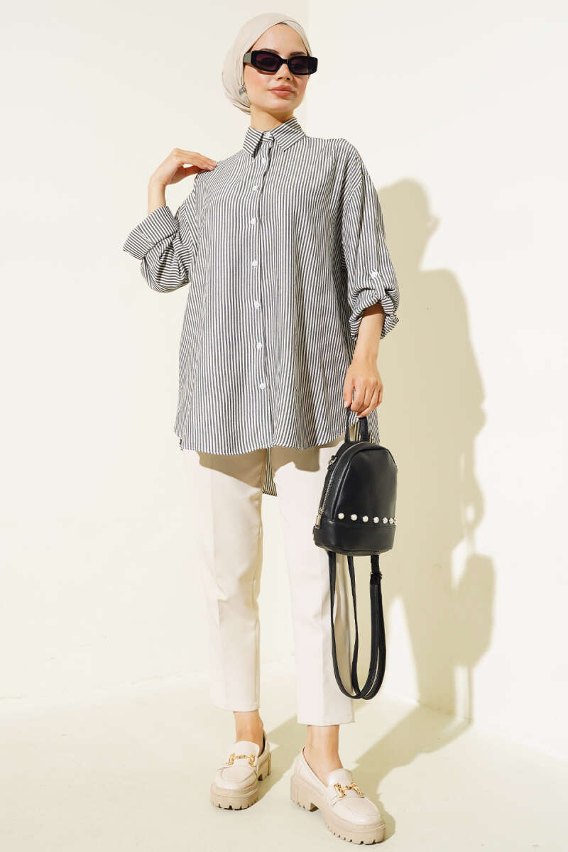 Basic Striped Oversize Shirt - Black